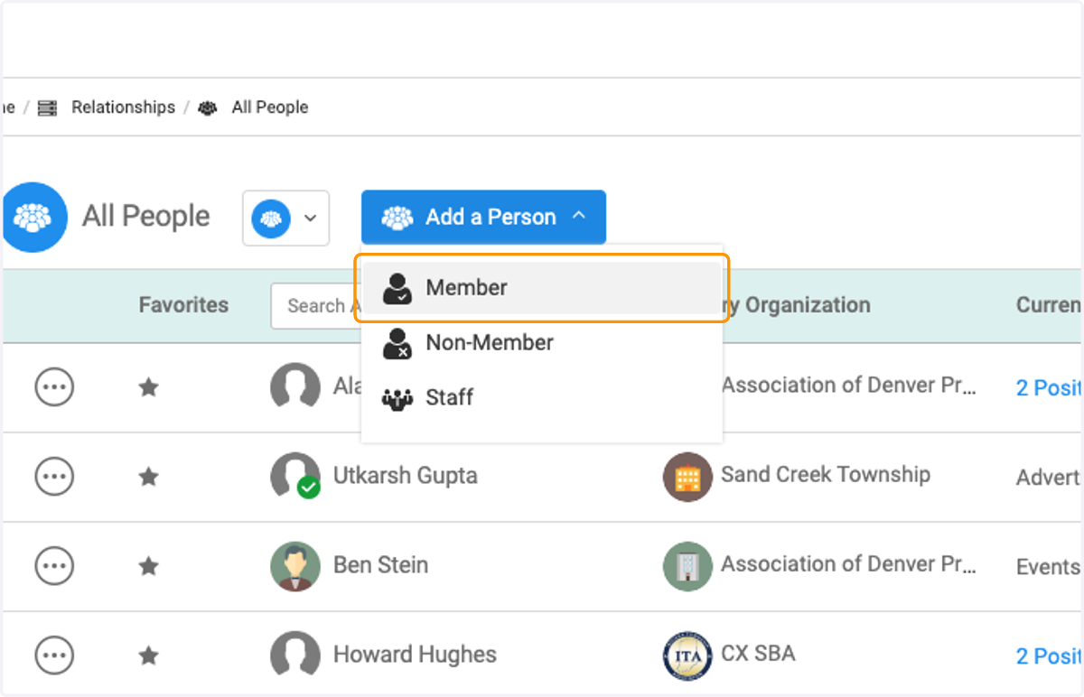 Choose what type of person you are adding, Member, Non-Member or Staff