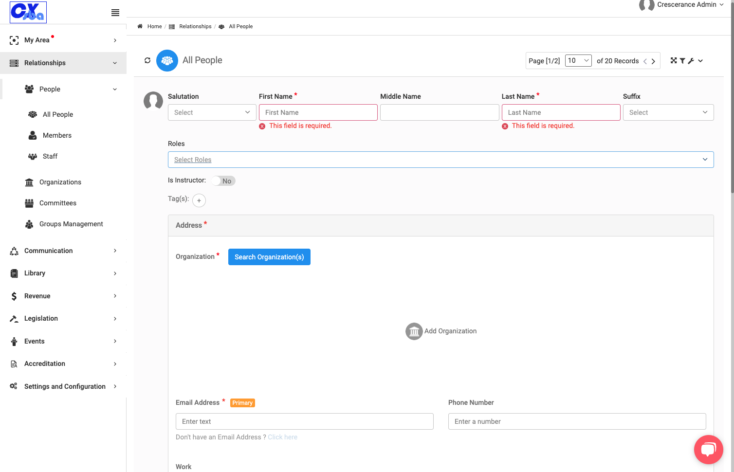 Click on Search Organization(s) to add the person's organization