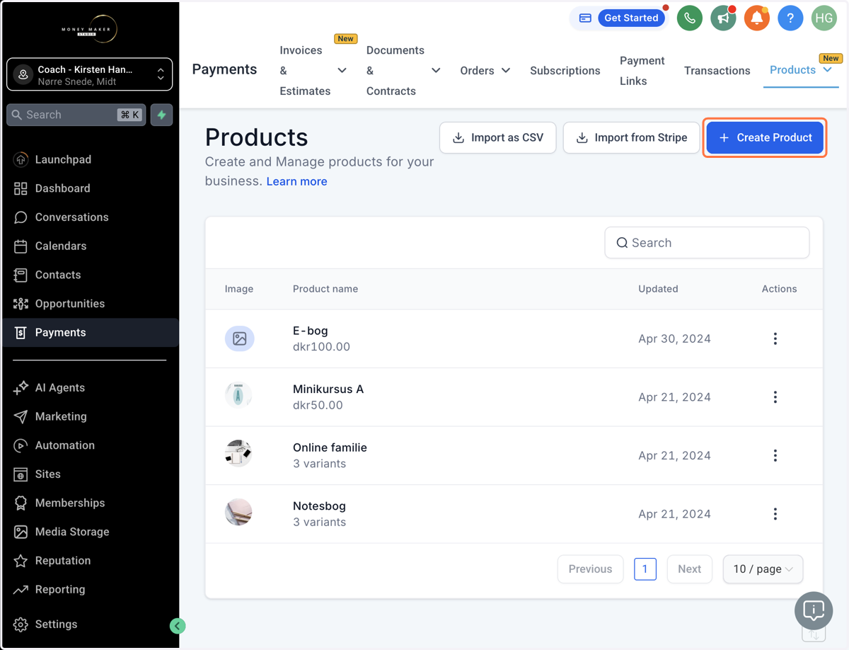 Klik på Create Product/Opret Produkt