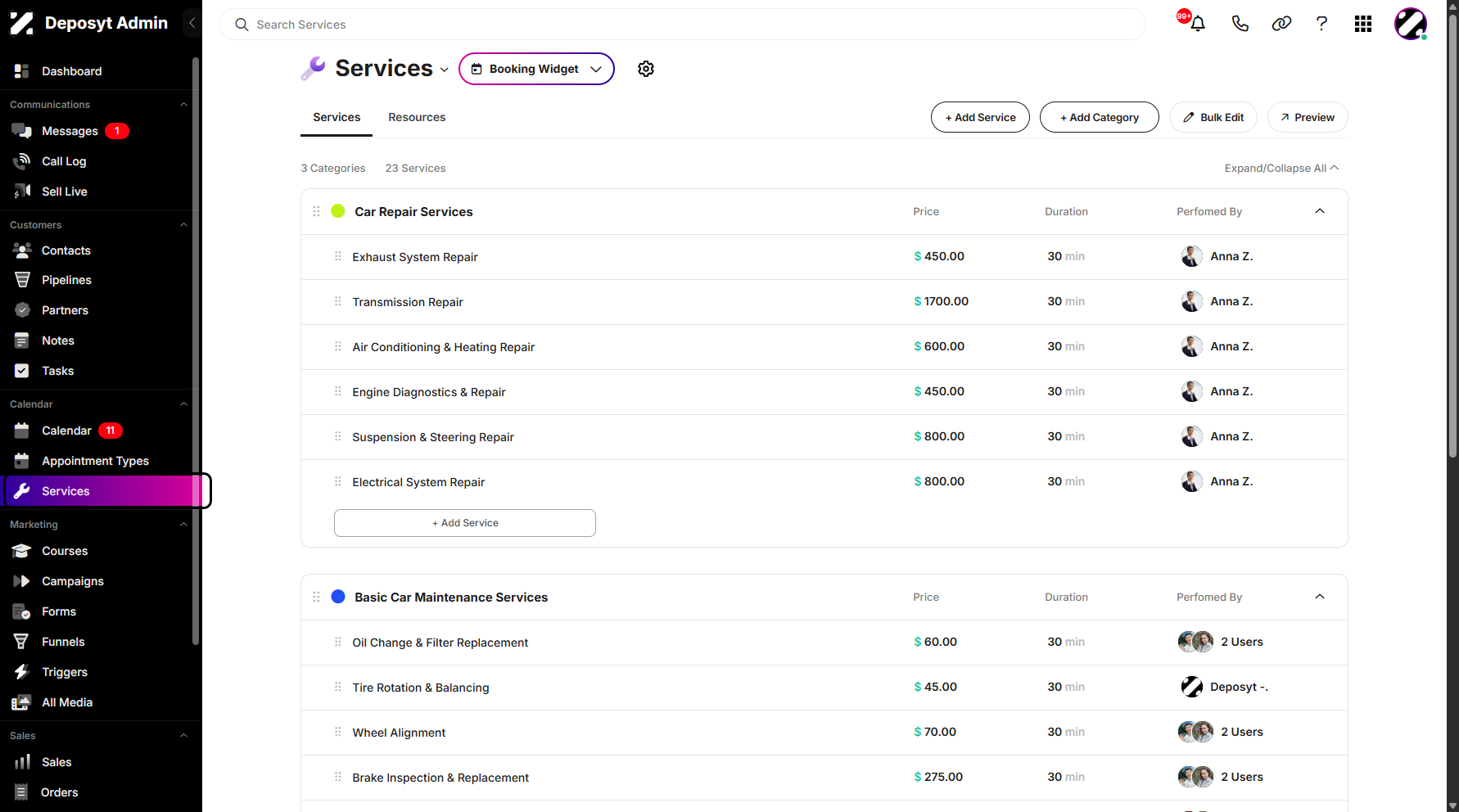 Step 1: On your Dashboard, navigate to the Services tab under the Calendar section.