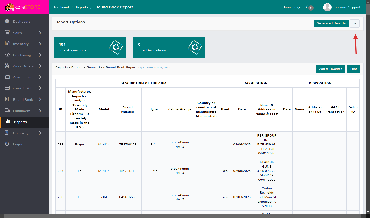 3. When clicked, it will automatically generate a report showing your current "In Stock" serial numbers. Simply click the "v" arrow next to the "Generated Reports" button to change the applied Filters.