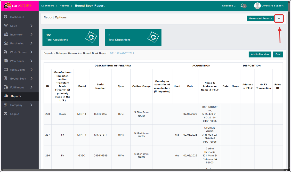 3. When clicked, it will automatically generate a report showing your current "In Stock" serial numbers. Simply click the "v" arrow next to the "Generated Reports" button to change the applied Filters.