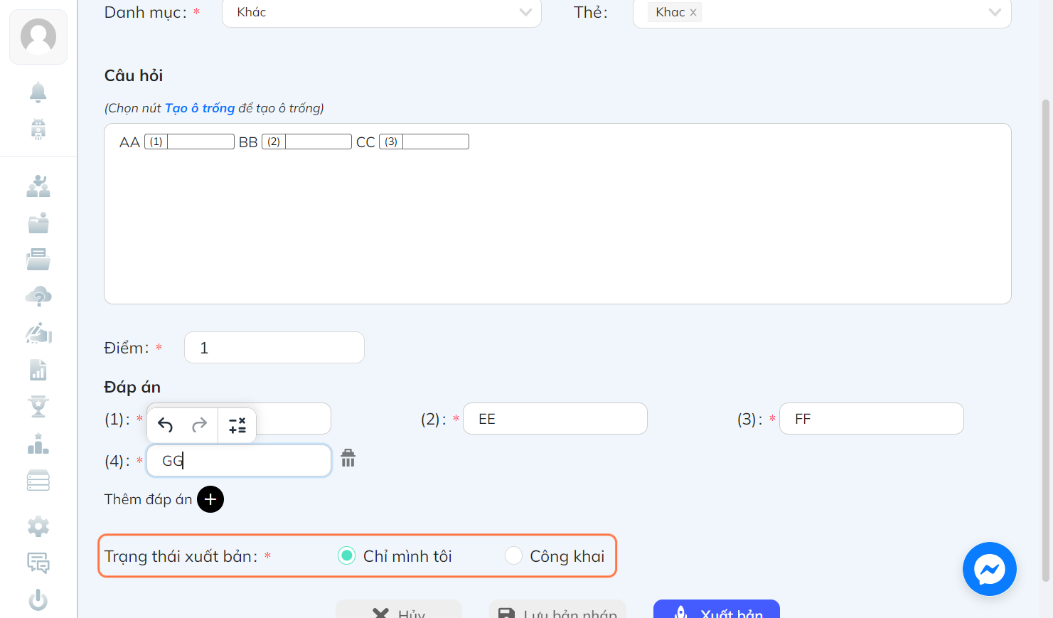 Click on Trạng thái xuất bản…