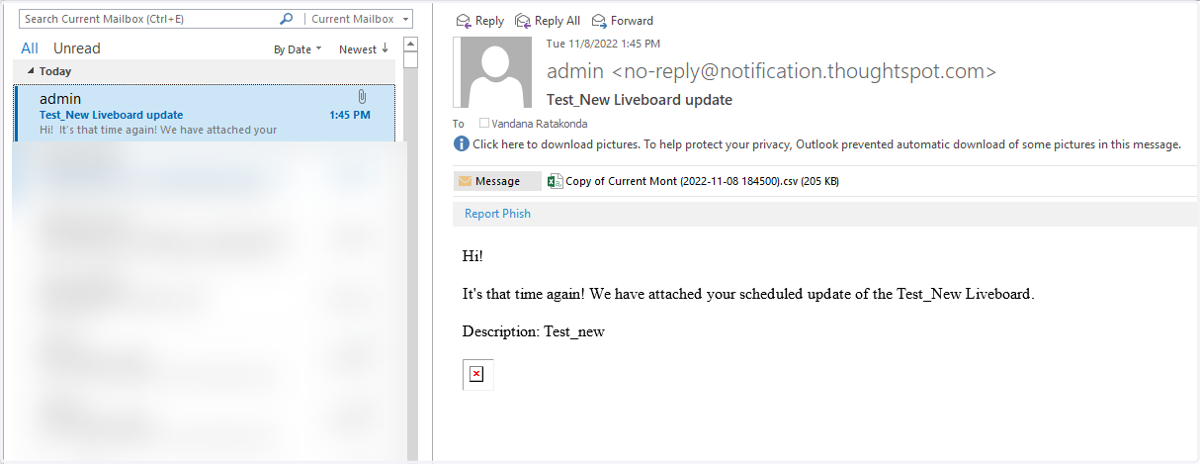 Recipient receives an email from Admin <no-reply@notification.thoughtspot.com> at the preferred cadence.
