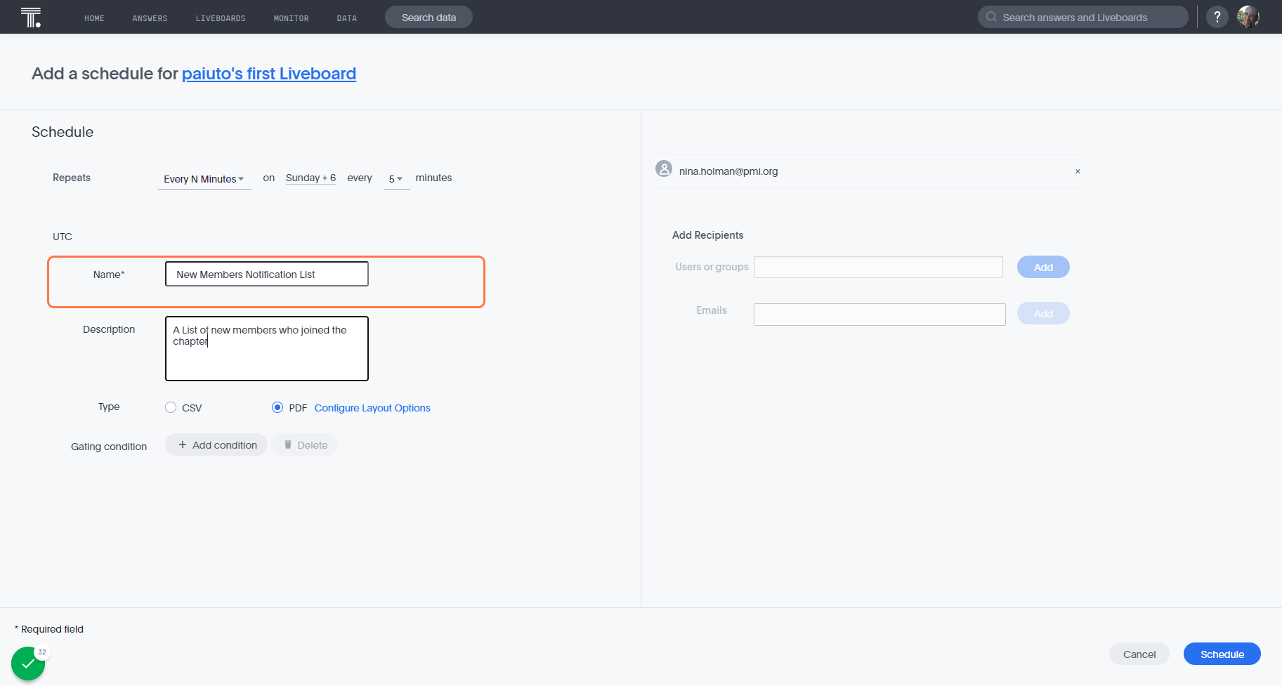 Click on the Name and Description Field to input a detailed notification subject name and description.