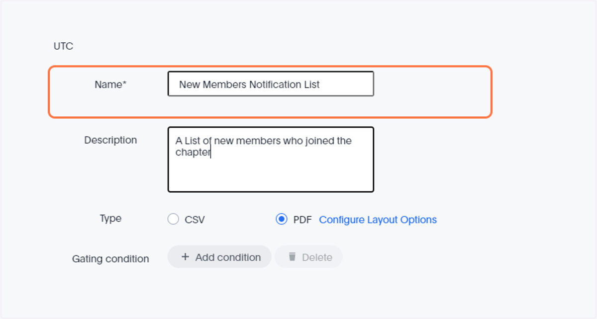 Click on the Name and Description Field to input a detailed notification subject name and description.