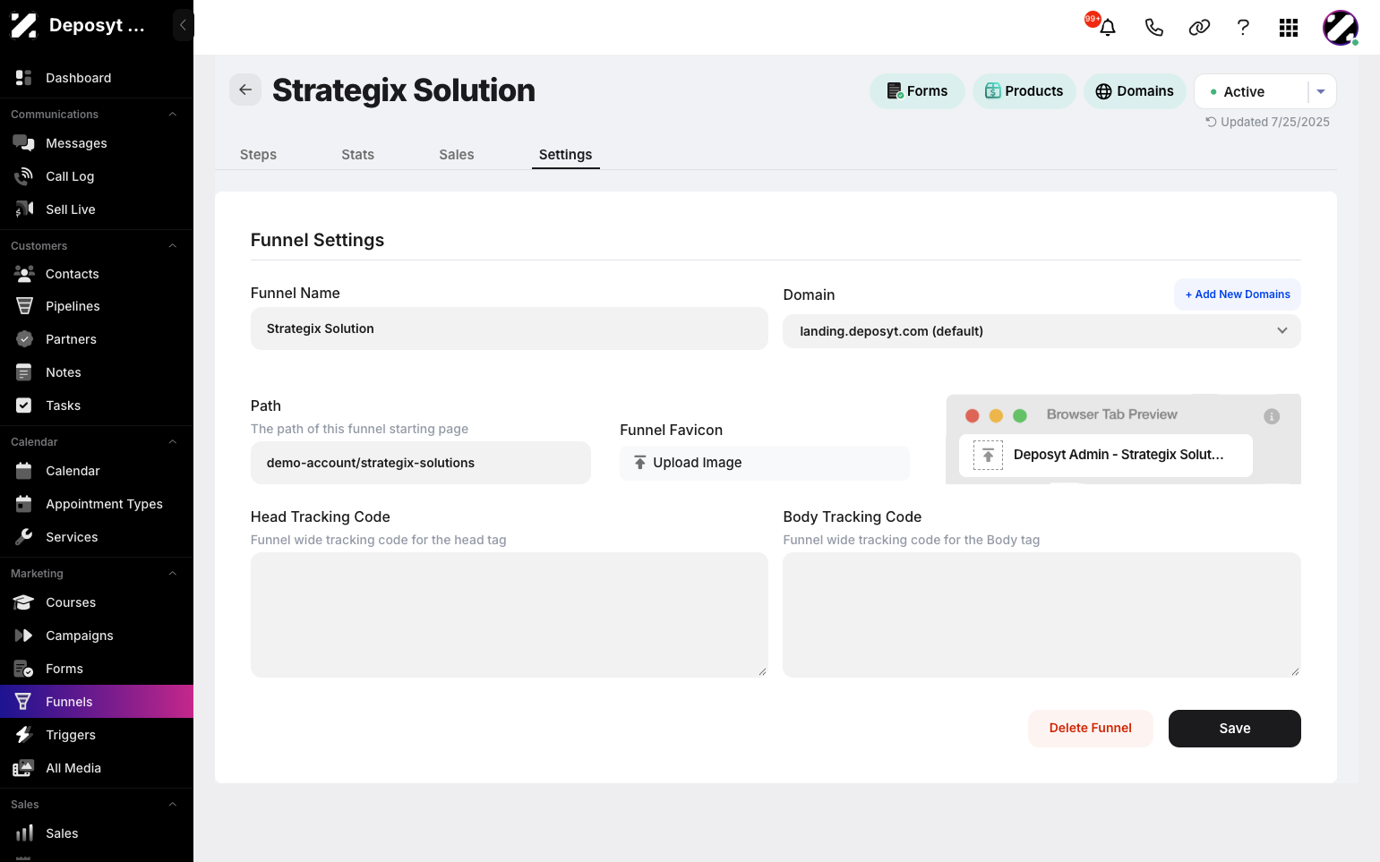 Step 5: Edit the funnel name, domain, page path, favicon, and tracking codes. Click Save to apply your changes.