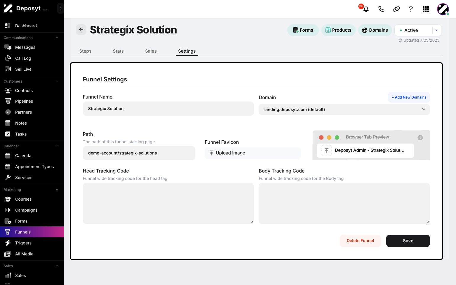 Step 5: Edit the funnel name, domain, page path, favicon, and tracking codes. Click Save to apply your changes.