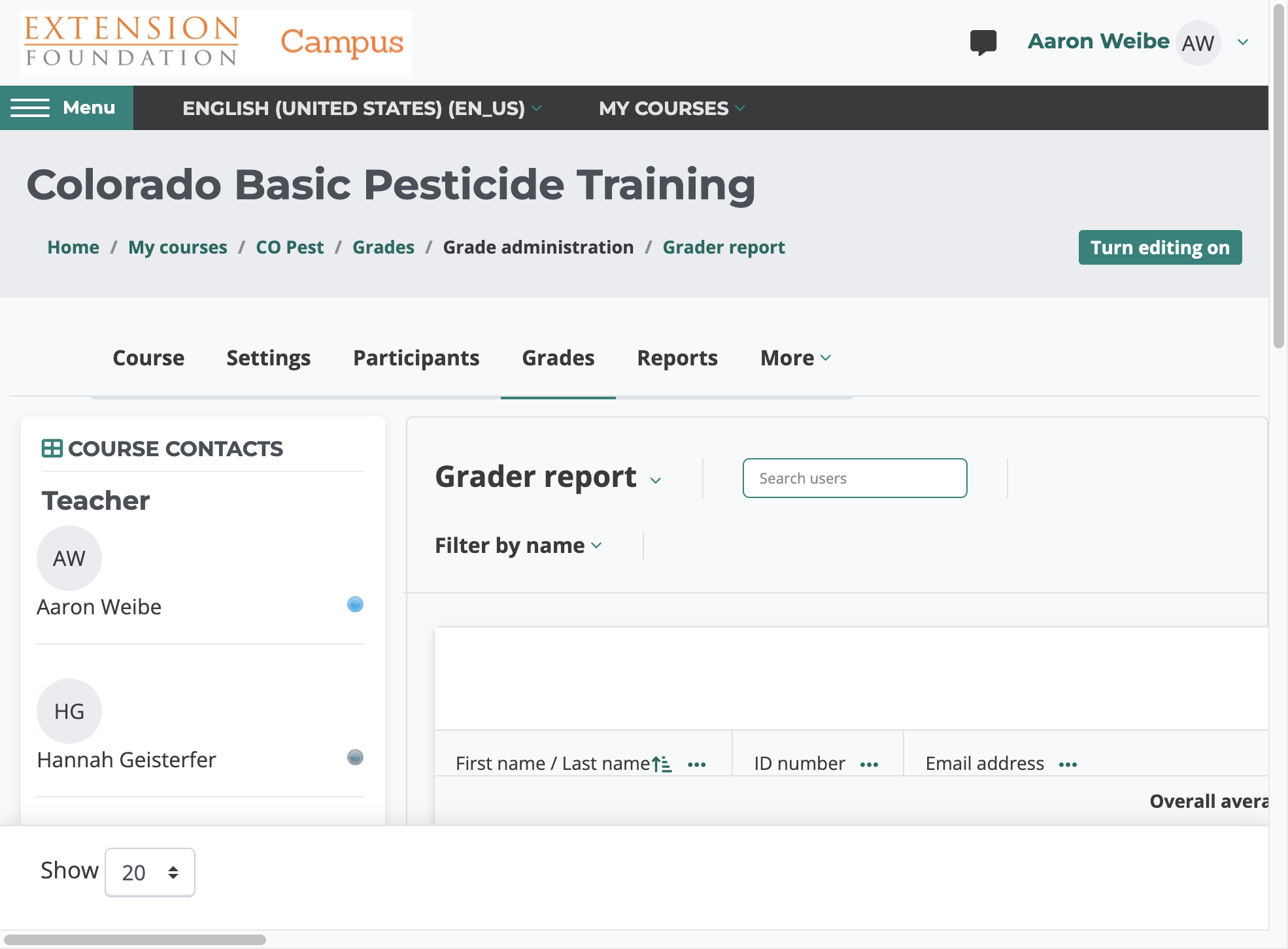 Click on Gradebook navigation menu to toggle the dropdown menu.