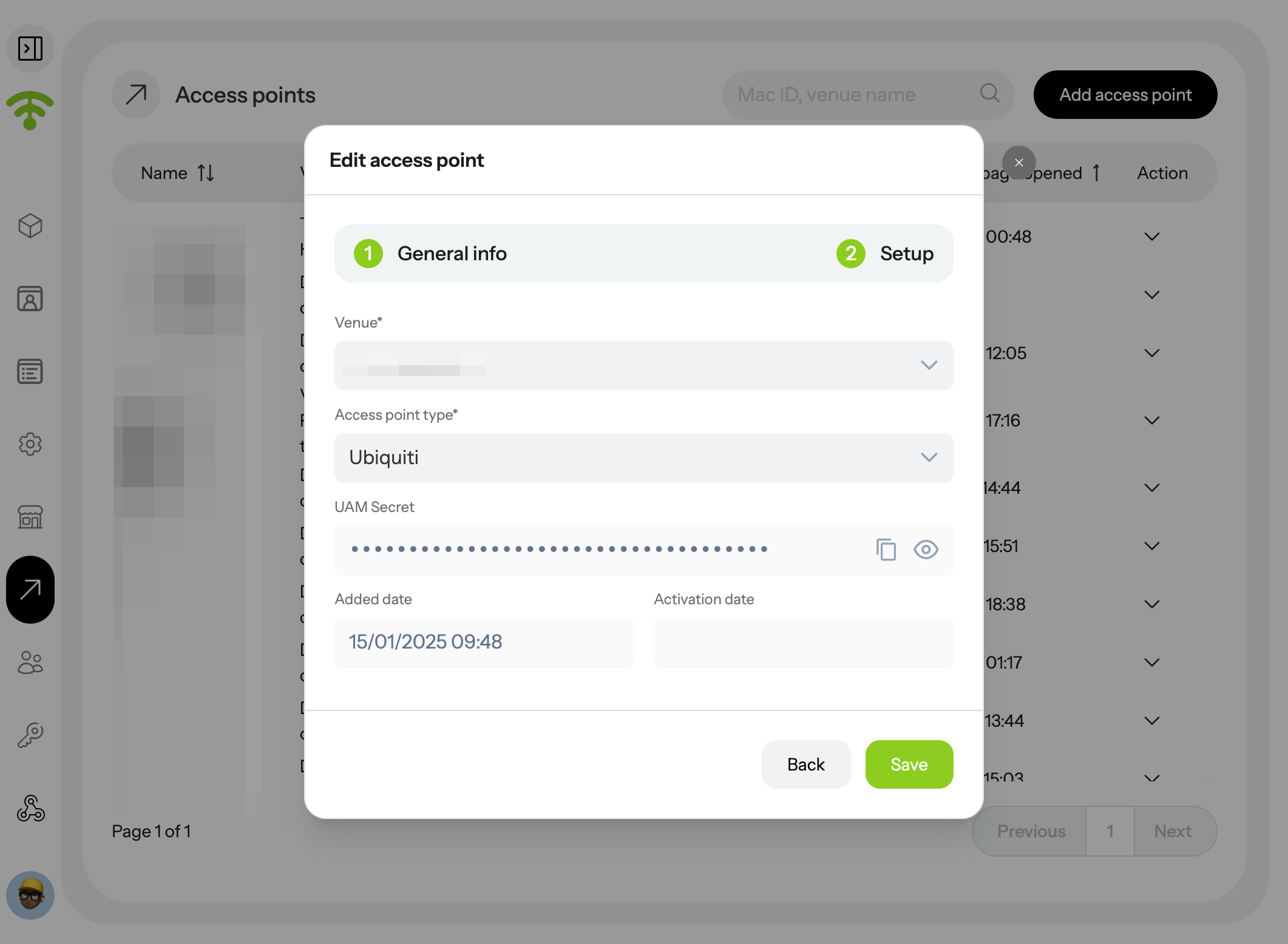Click 'Setup' to view and edit further key details such as the access point's venue name, access point type.