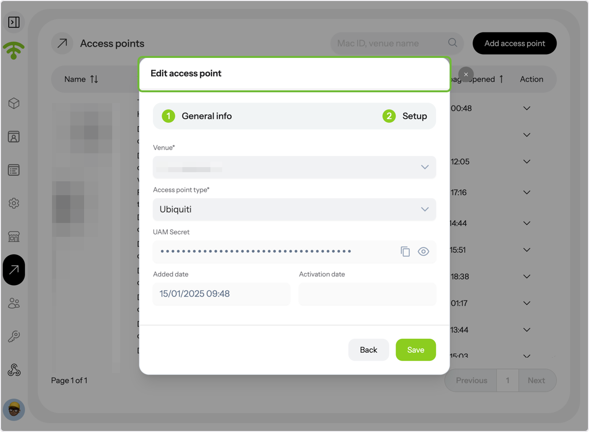 Click 'Setup' to view and edit further key details such as the access point's venue name, access point type.