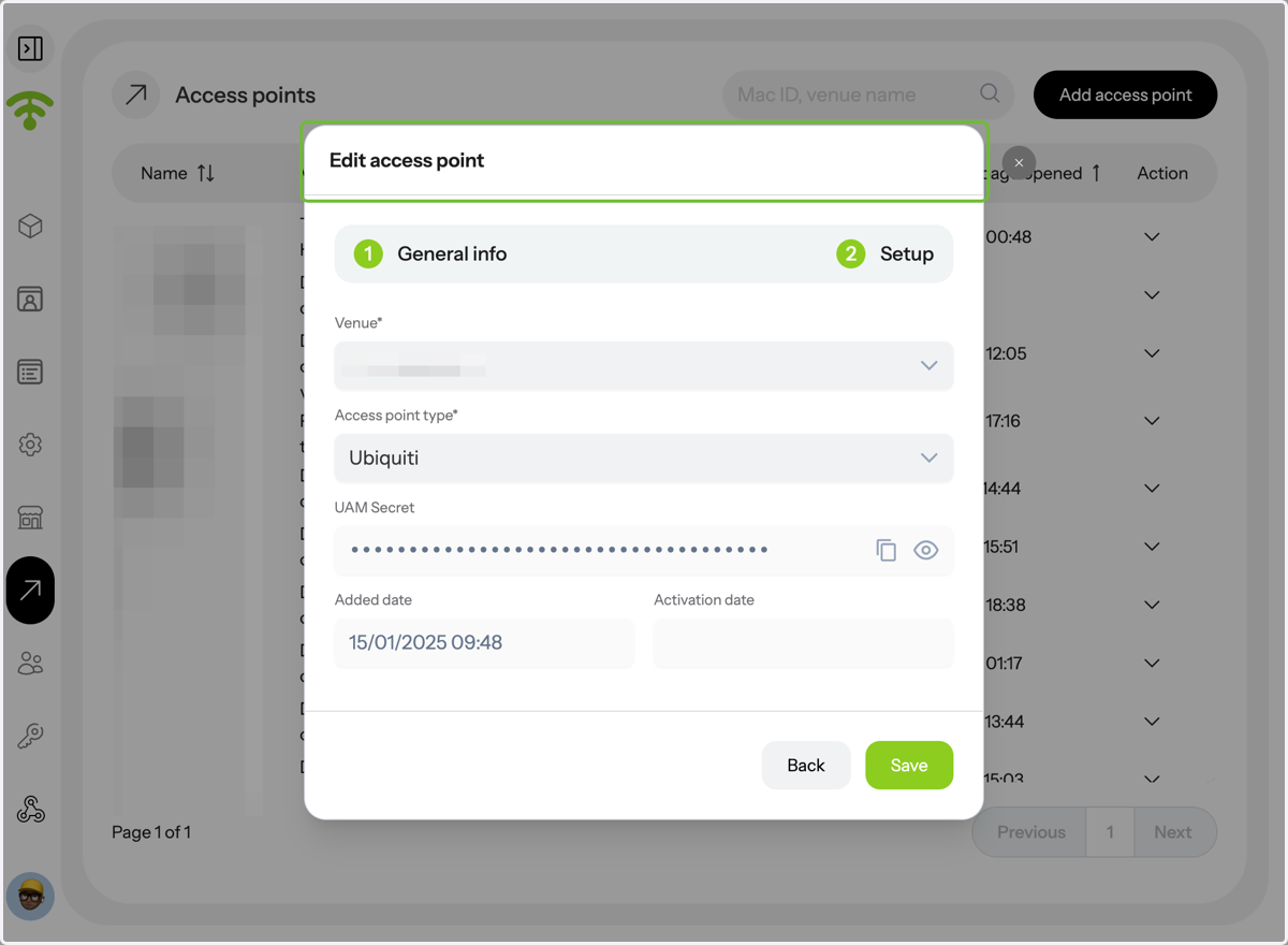 Click 'Setup' to view and edit further key details such as the access point's venue name, access point type. UAM Secret, the date it was added and its activation date will automatically generate once saved.
