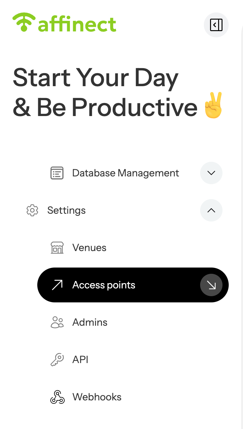 Click 'Settings' on the left-hand side of the dashboard and select 'Access points' from the drop-down menu.