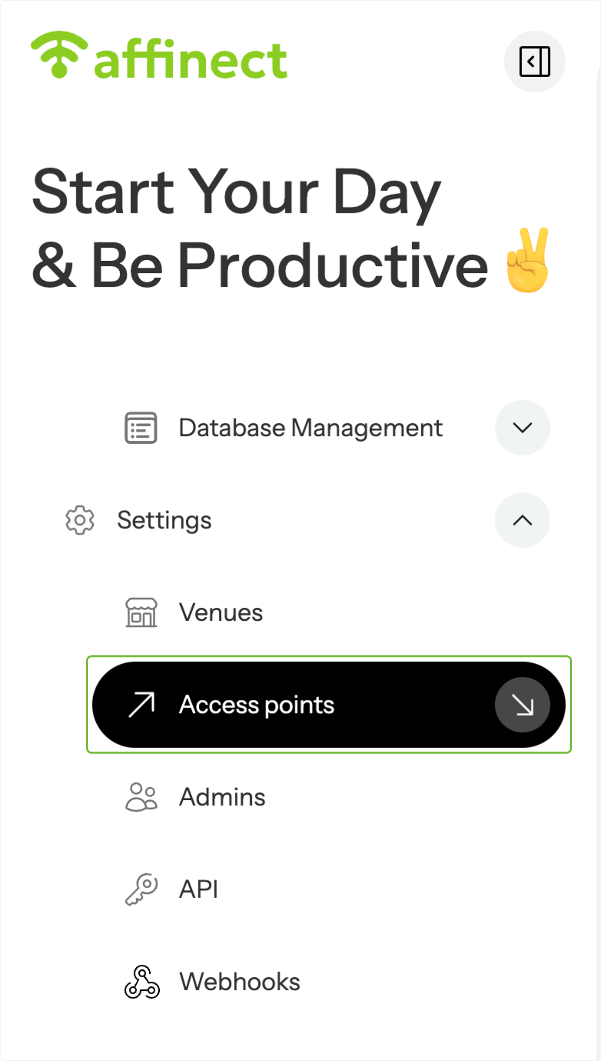 Click 'Settings' on the left-hand side of the dashboard and select 'Access points' from the drop-down menu.