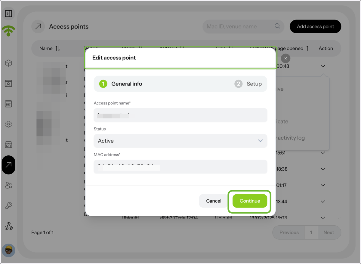 When you click 'Edit,' the general information for your access point will appear. You can view and modify the access point name, status (Active, Inactive, or Archived), and MAC address. Click 'Continue' to proceed or select 'Setup' to configure addit
