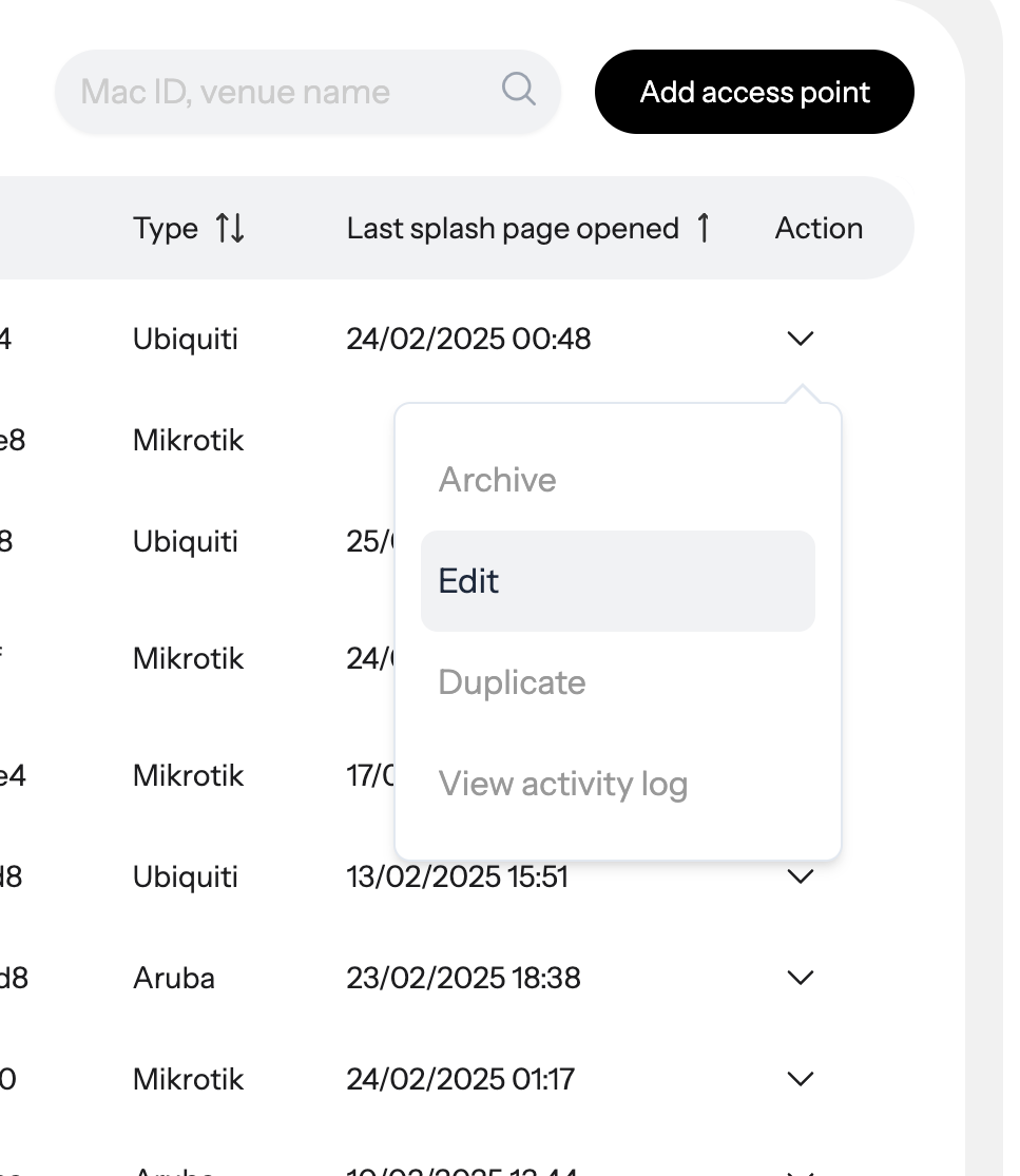 To edit an access point, go to 'Actions' next to the access point name and select 'Edit' from the drop-down menu.