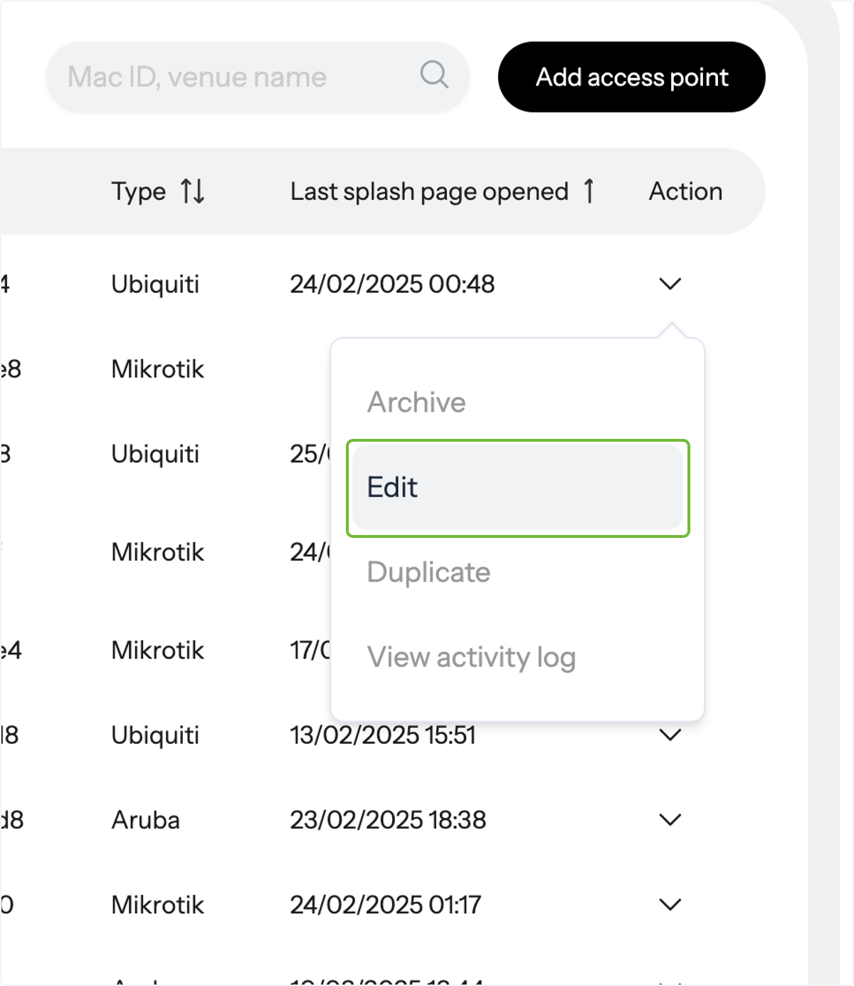 To edit an access point, go to 'Actions' next to the access point name and select 'Edit' from the drop-down menu.