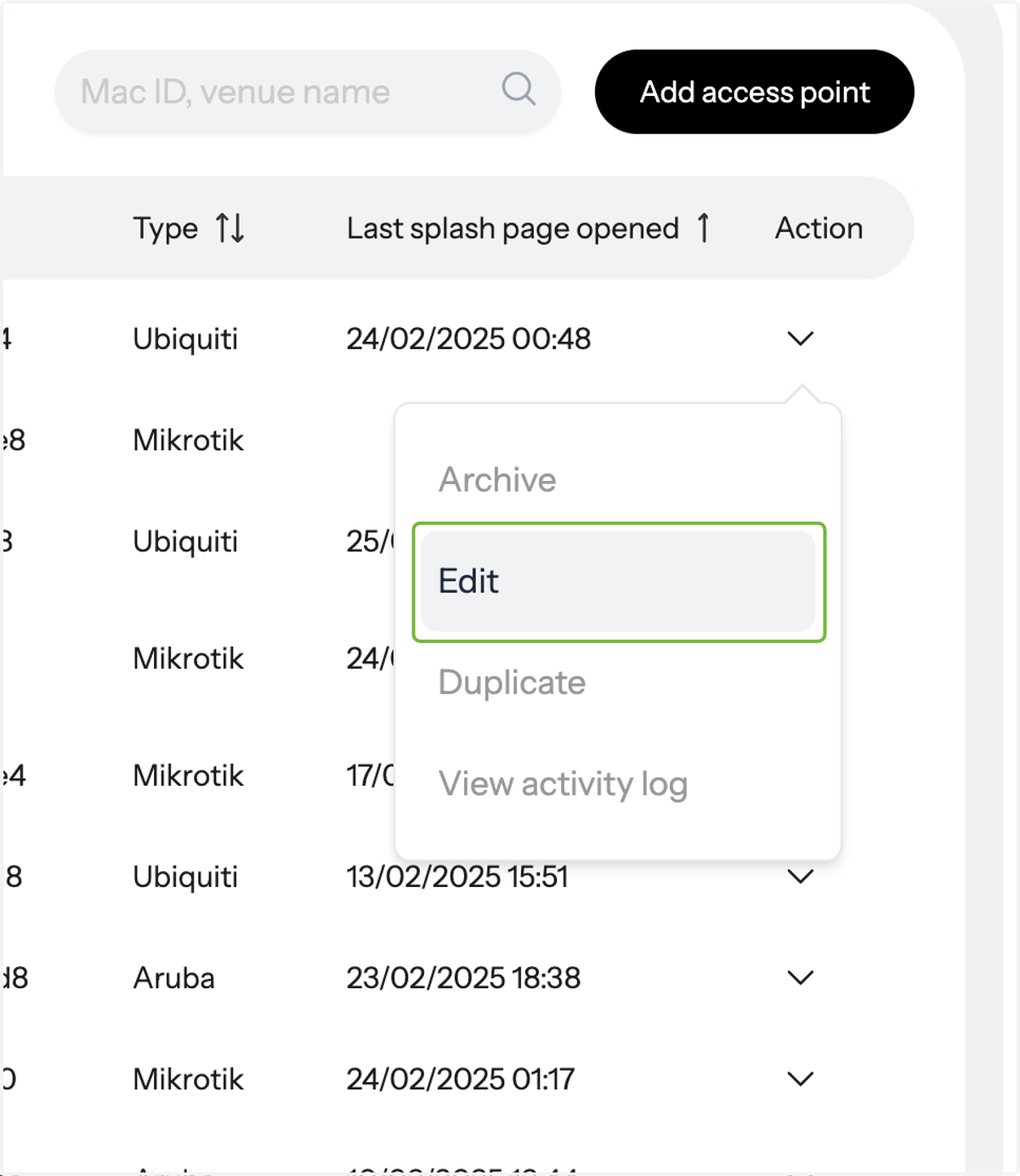 To edit an access point, go to 'Actions' next to the access point name and select 'Edit' from the drop-down menu.