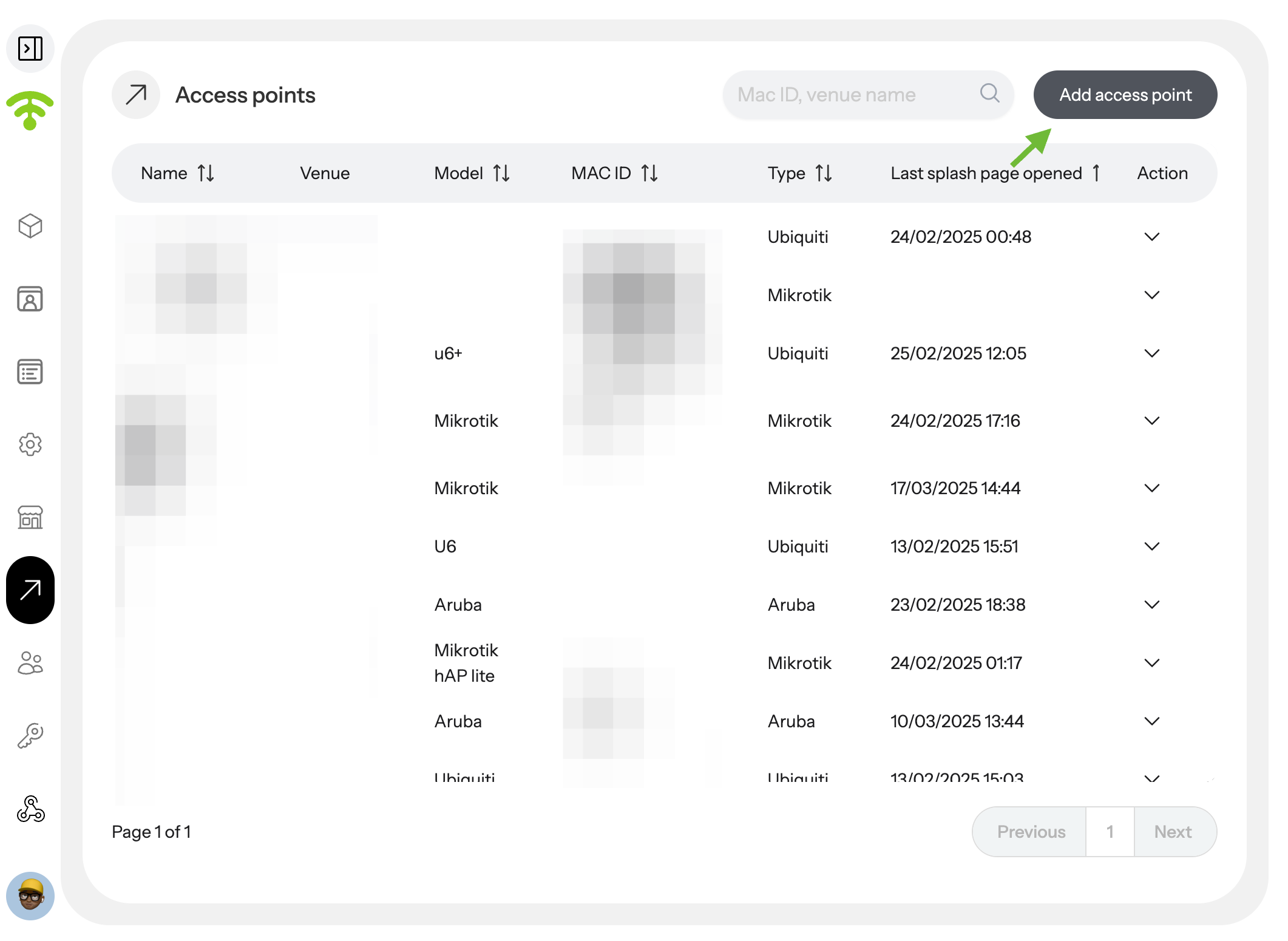 To add a new access point, click on 'Add Venue' in the top-right corner.