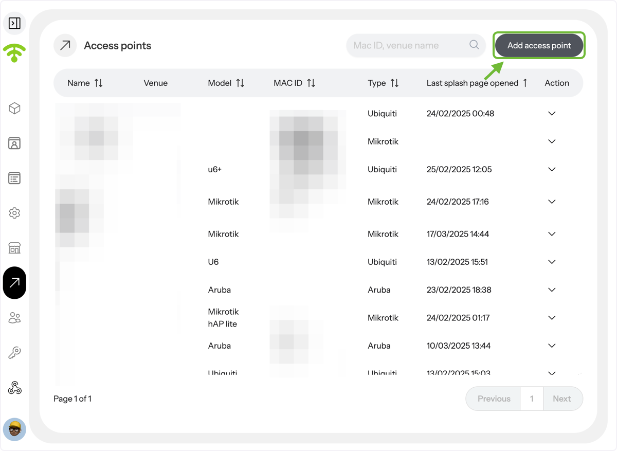 To add a new access point, click on 'Add Venue' in the top-right corner.