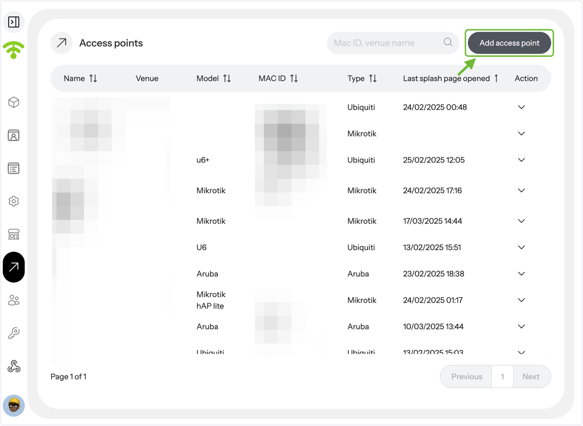 To add a new access point, click on 'Add Venue' in the top-right corner.