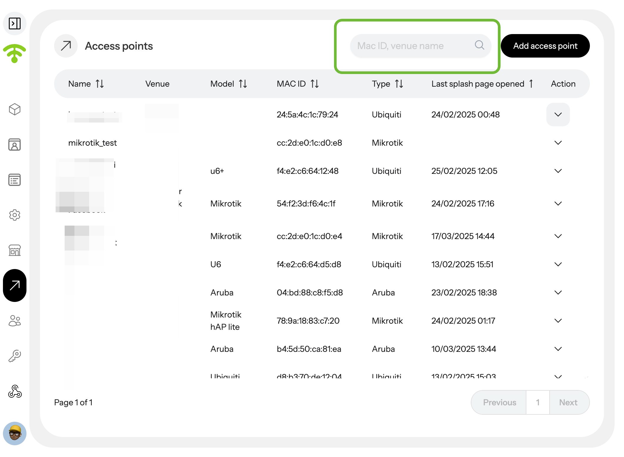 A preview of your added access points will appear, showing their name, venue, model, MAC ID, type, and last splash page…
