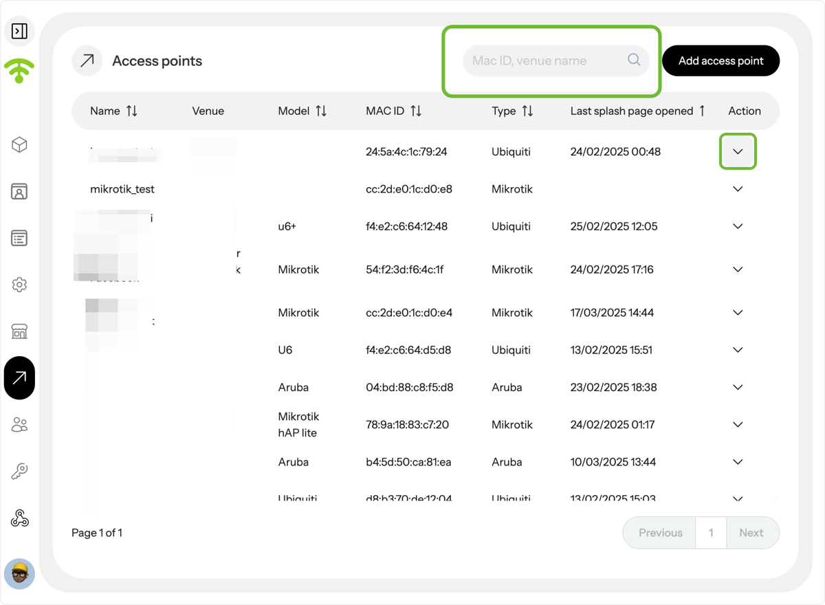 A preview of your added access points will appear, showing their name, venue, model, MAC ID, type, and last splash page…