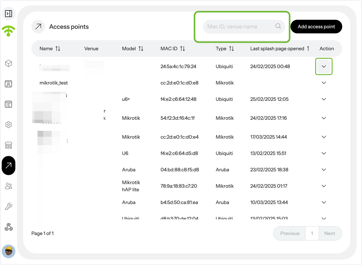 A preview of your added access points will appear, showing their name, venue, model, MAC ID, type, and last splash page activity. You can also quickly search for an access point using the MAC ID or venue name in the search bar.