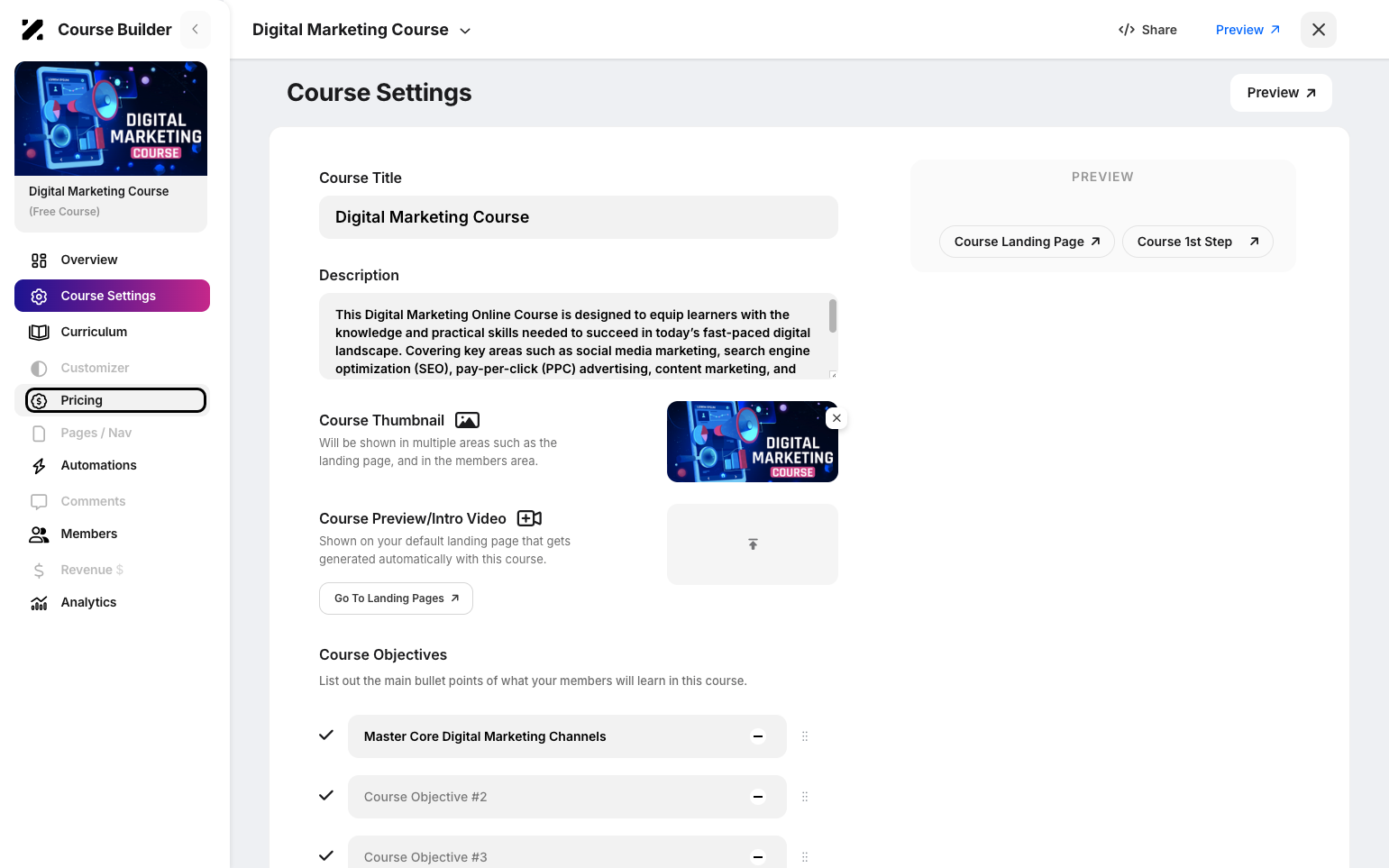 Step 3: Click Pricing in the sidebar.