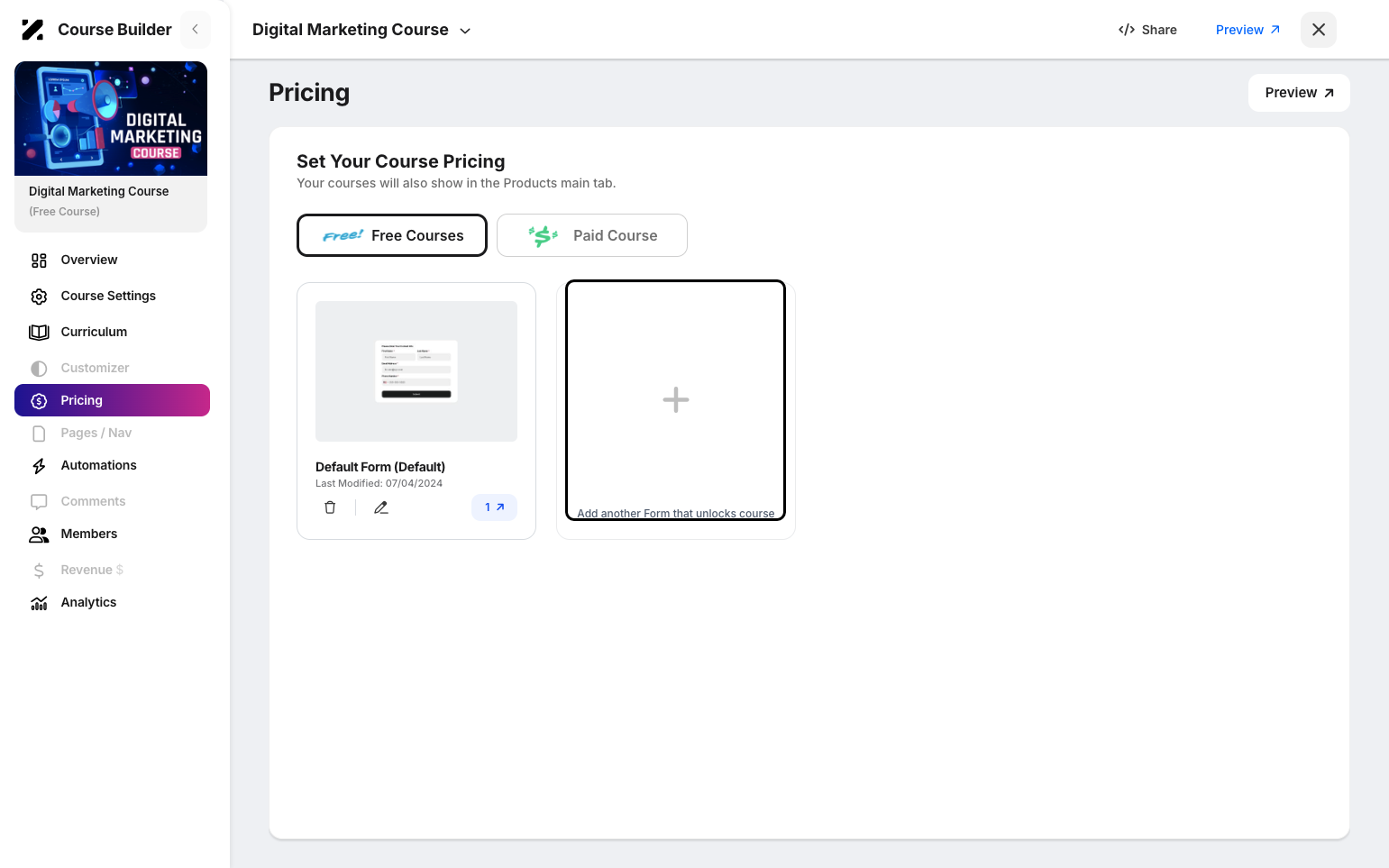 Add A Form Adding a Form for Free Courses
