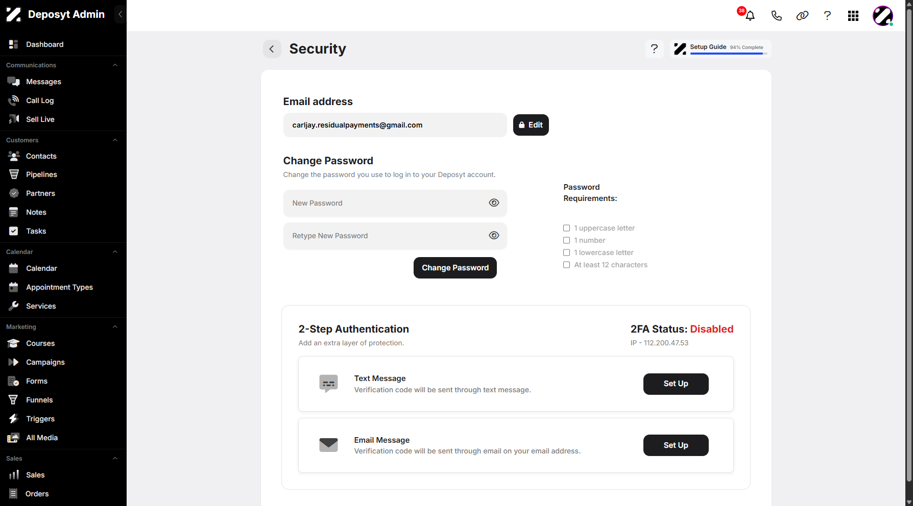 Step 5: You will be taken to the Security settings tab.