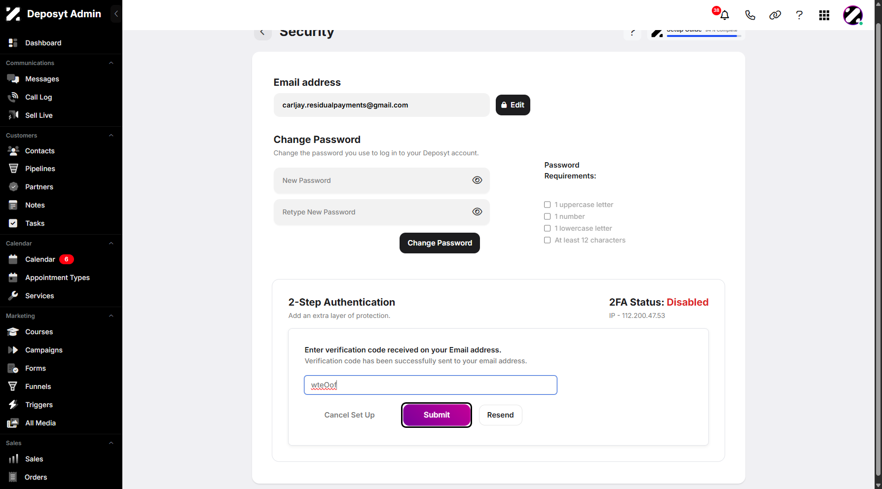 Step 11: Copy the 2FA code from your email and paste it here, then click Submit to enable two-factor authentication.