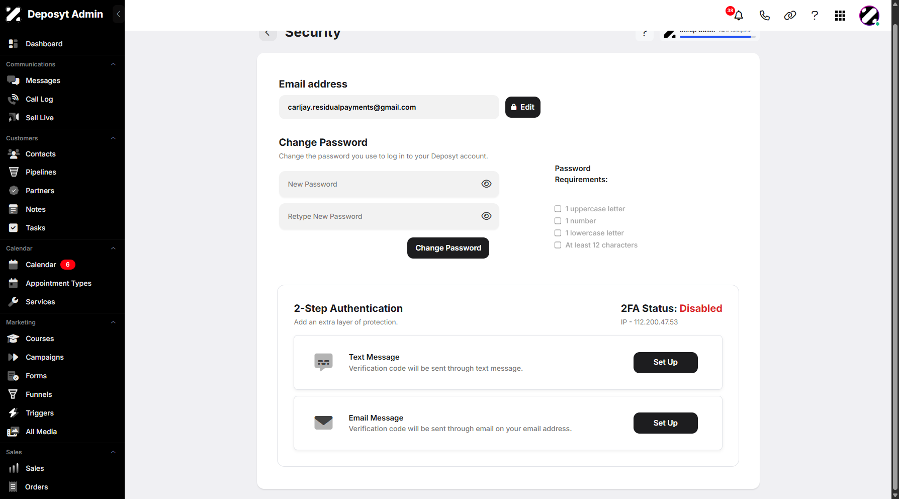 Step 6: Scroll down to set up your two-step authentication. You can then choose to receive the verification code via SMS or email.