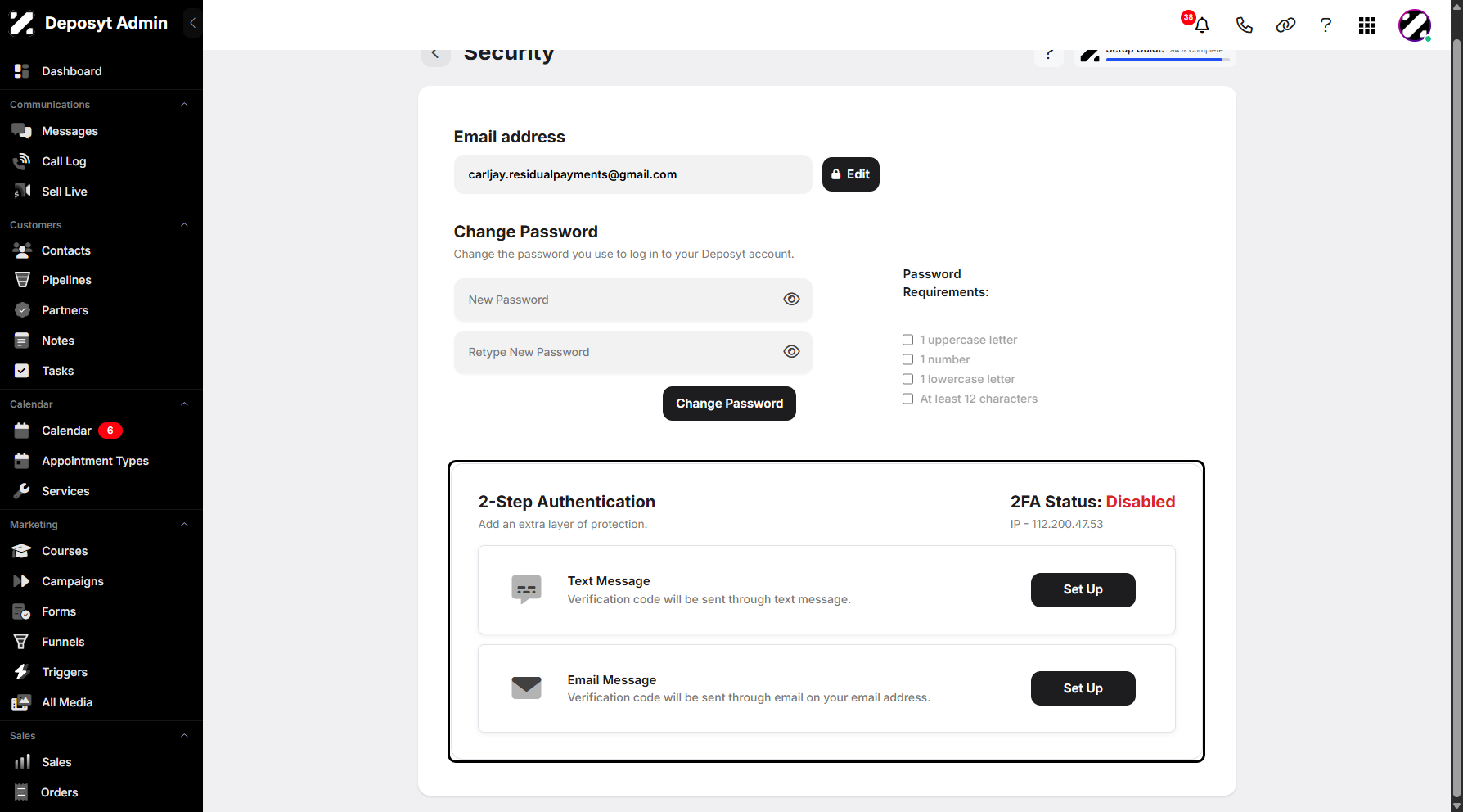 Step 6: Scroll down to set up your two-step authentication. You can then choose to receive the verification code via SMS or email.