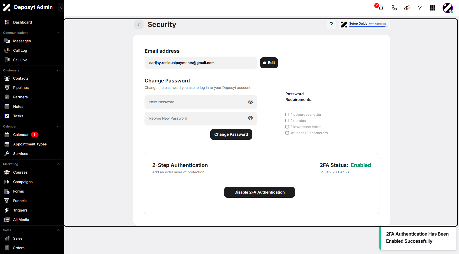 Step 12: A pop-up notification will appear, confirming that two-factor authentication has been enabled successfully.