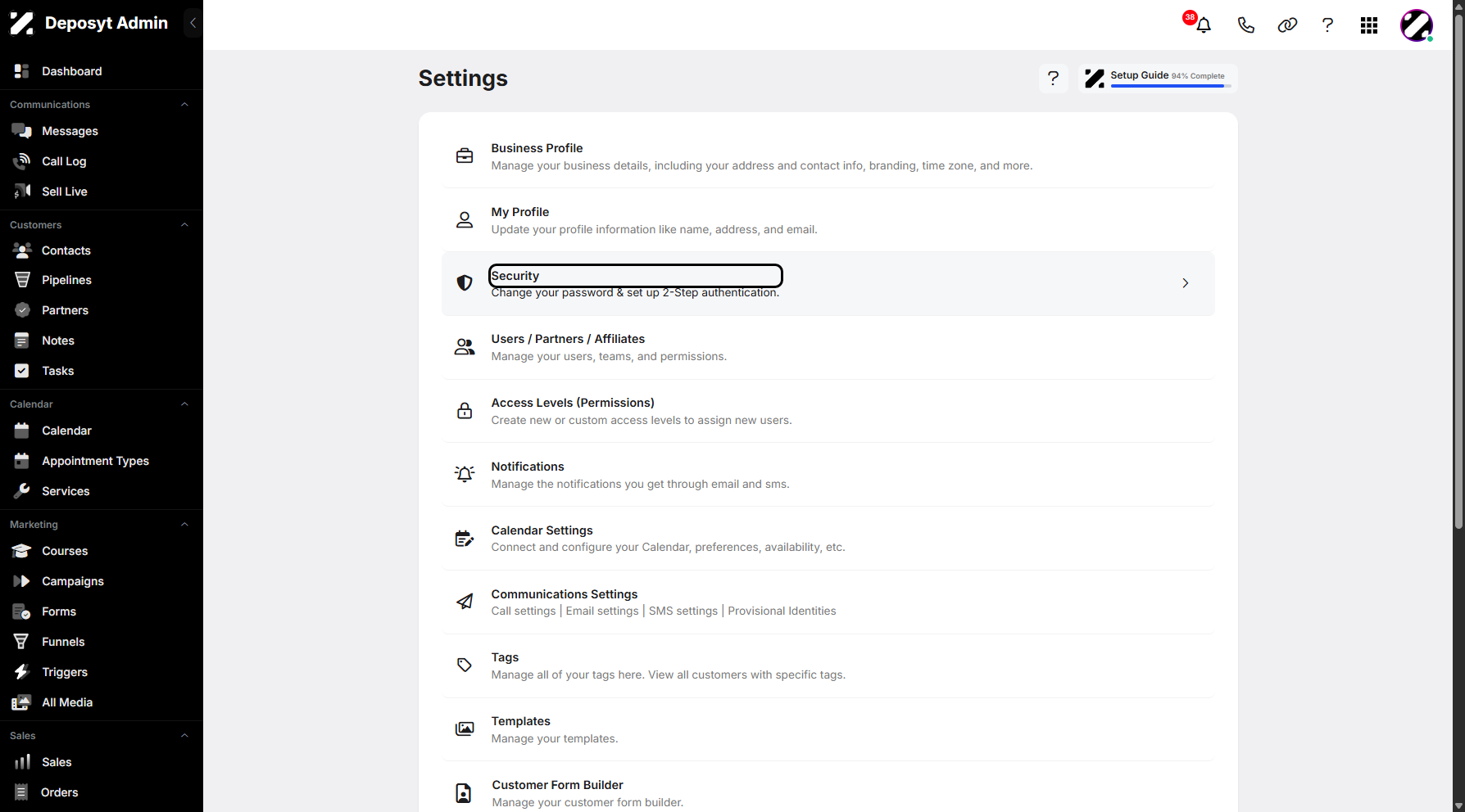 Step 4: Click on Security to continue.