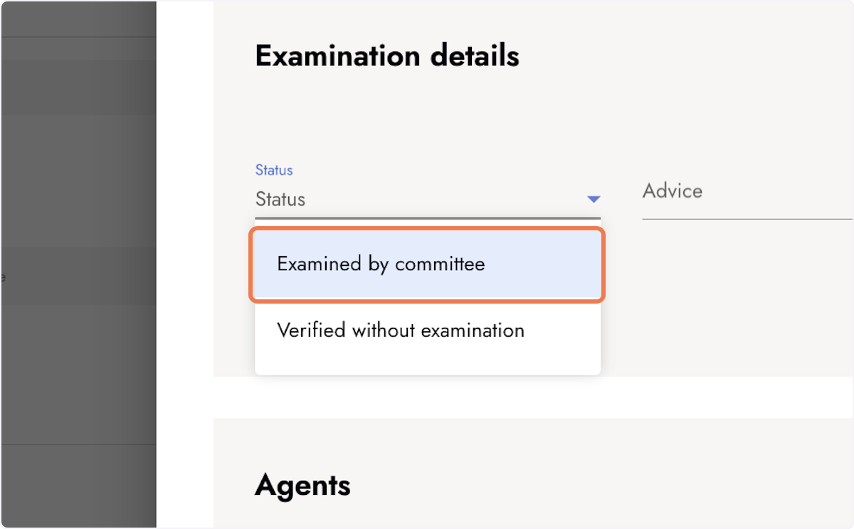  Select a status in the examination details
