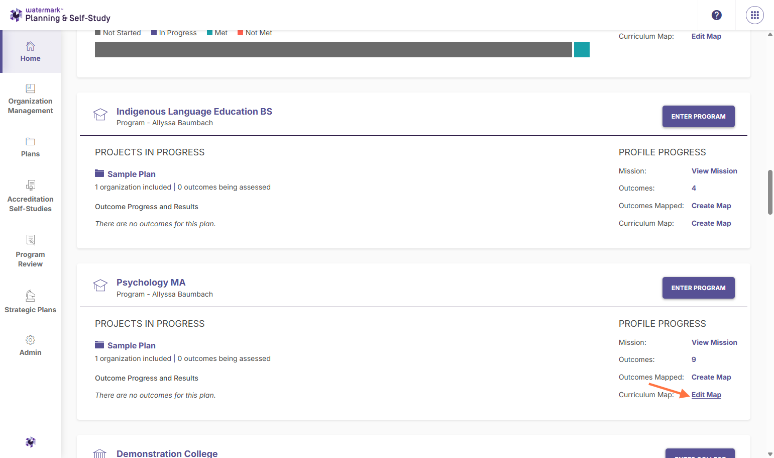 Click on "Edit Map" to edit the curriculum map for the selected program.