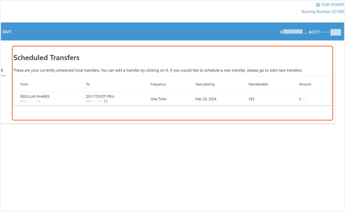 Scheduled Transfer Summary page