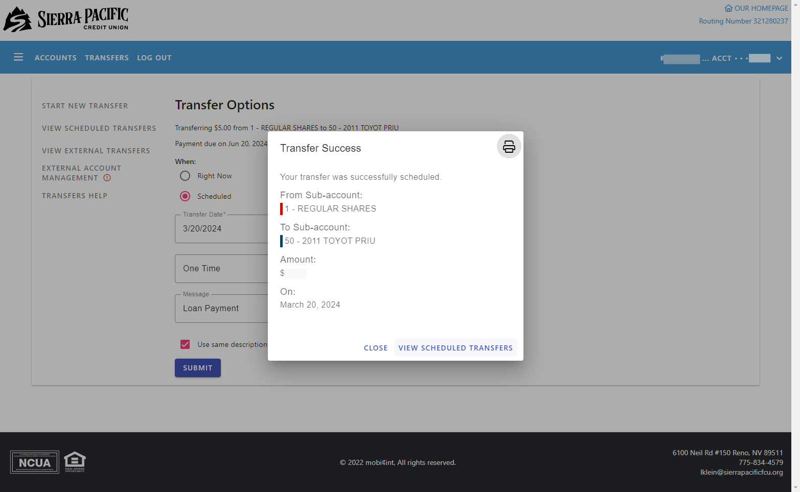 Optional: To see your scheduled transfers, Click on VIEW SCHEDULED TRANSFERS