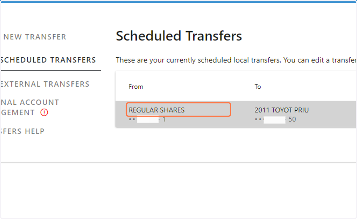 To edit a scheduled transfer, click on it
