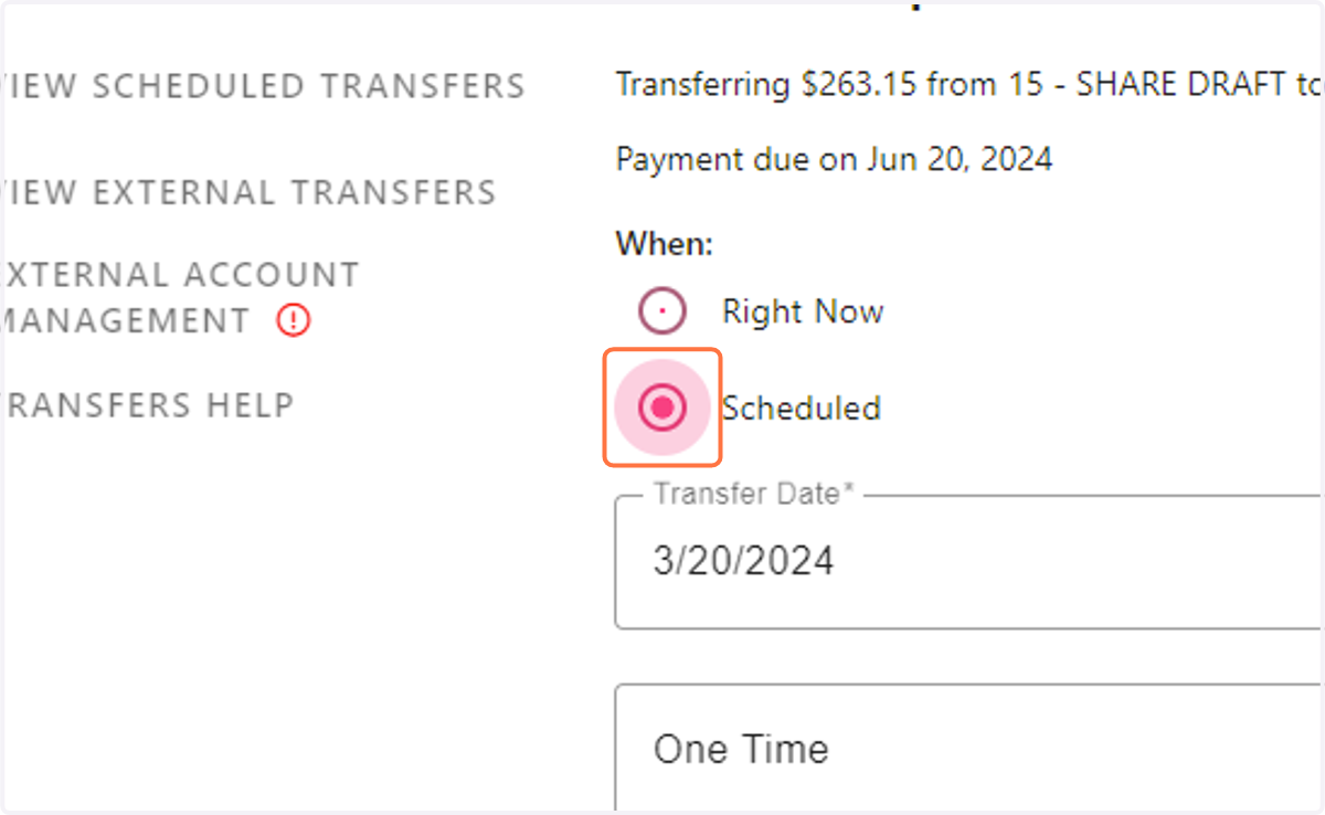 Choose between making this transfer "Right Now" and scheduling it for another time.