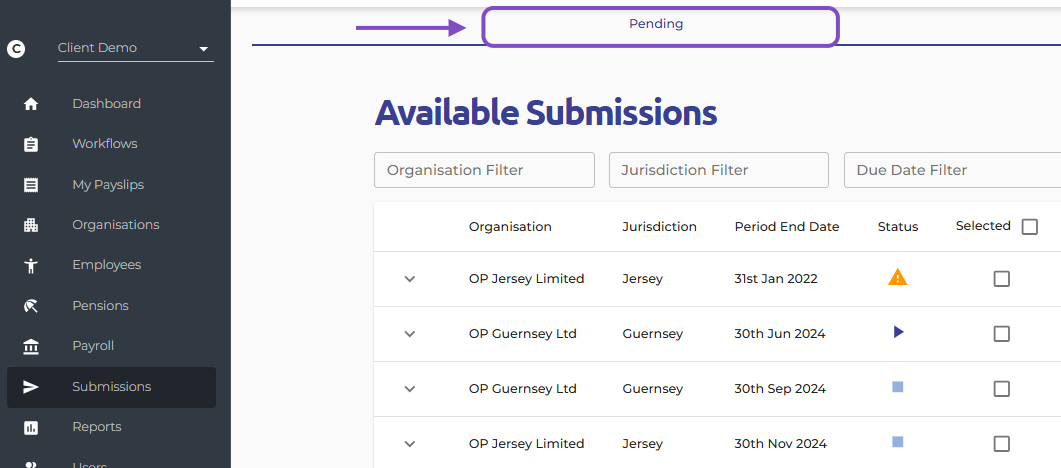 Pending Submissions Tab