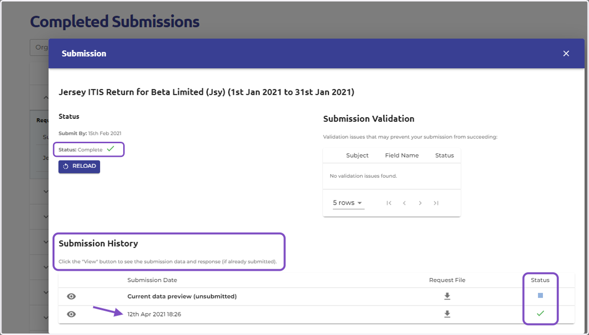 Select the "View" icon to review submitted return(s) details.