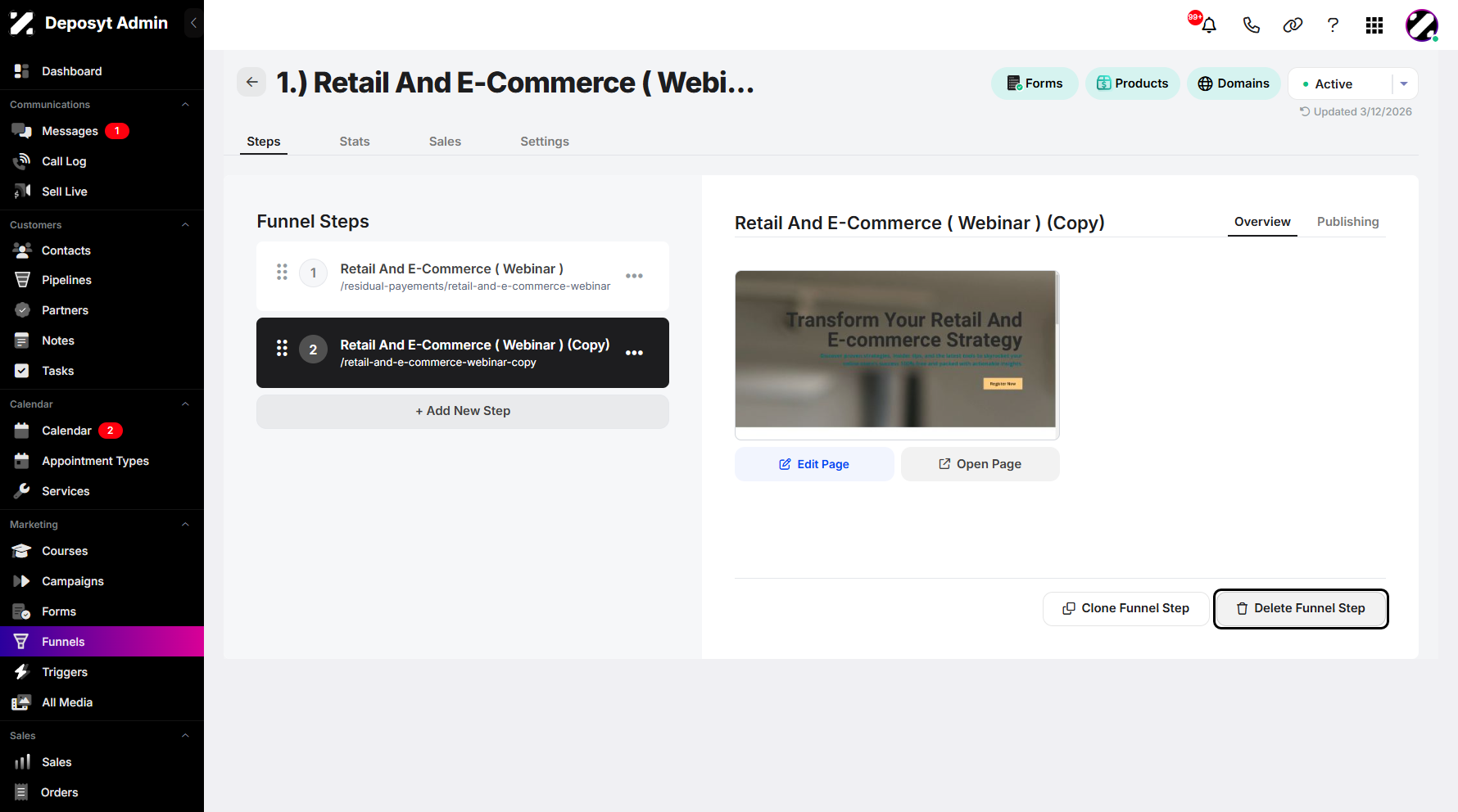 Step 9: Then click the ‘Delete Funnel Step’ button in the overview section.