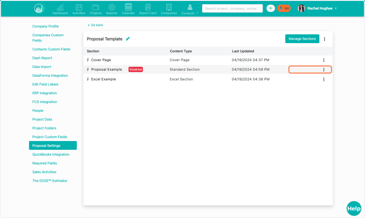 If you have certain pages that you want to exist in settings for the future, but you do not want them to be available for your team to use at this time, you have the option to enable or disable them. Click on the three dots next to the page.