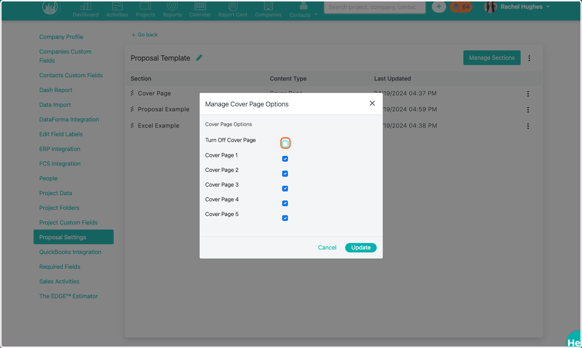 Click "Cover Page," and opt to turn off all cover pages or to select different cover pages.
