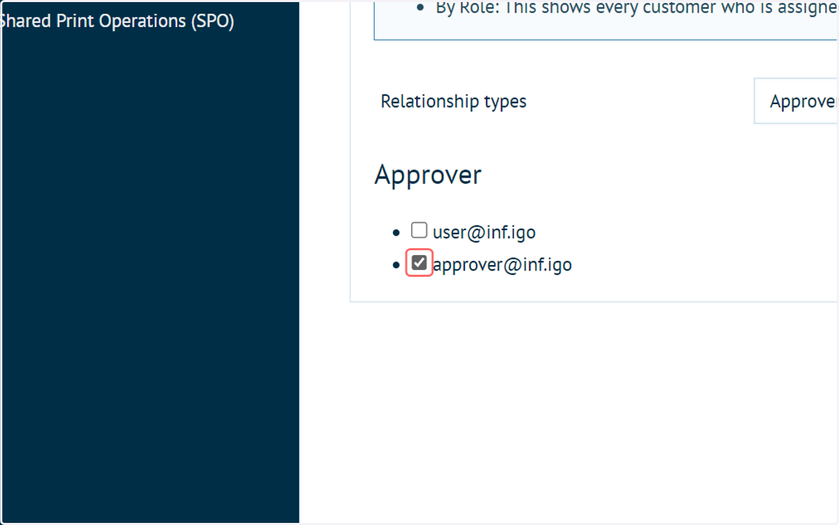 Select the customer account to act as approver for this user
