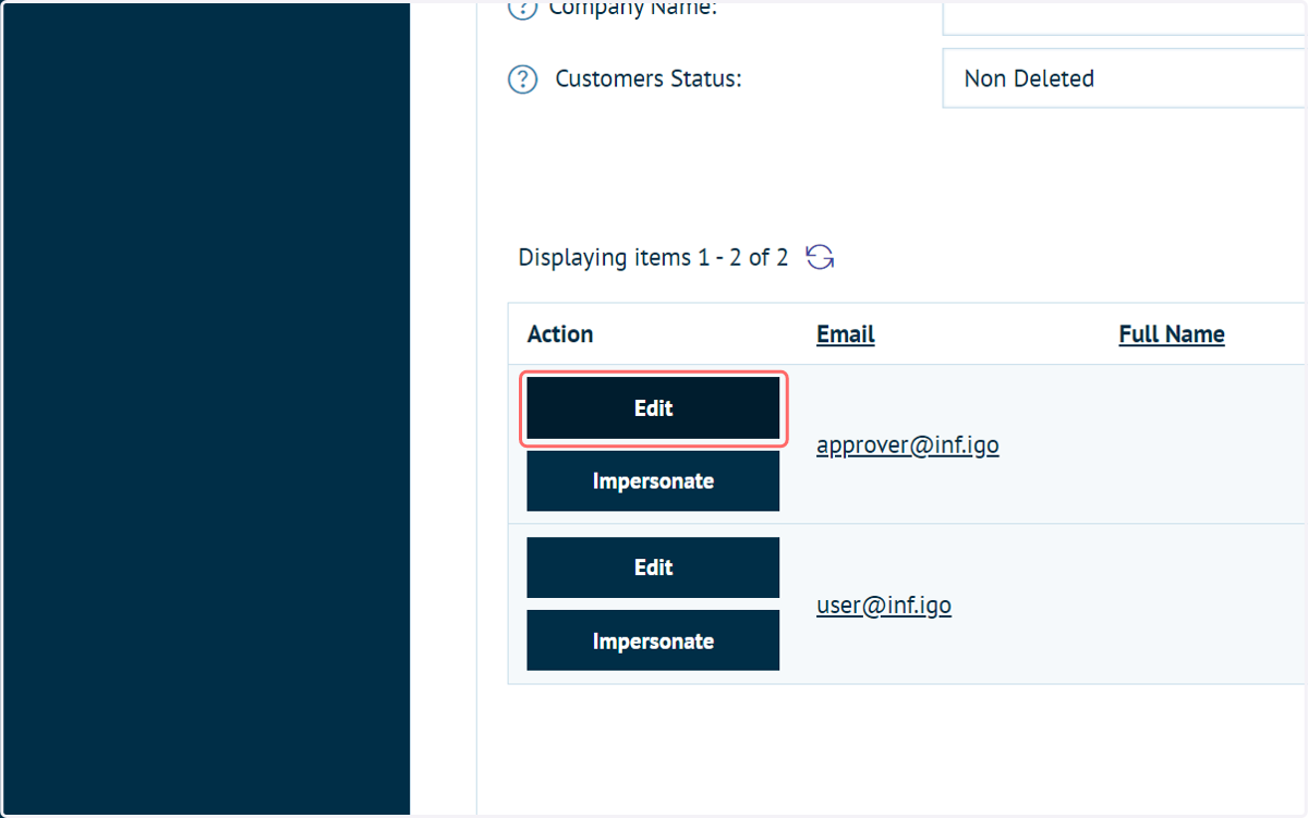 Click on Edit next to the customer you wish to set as the approver