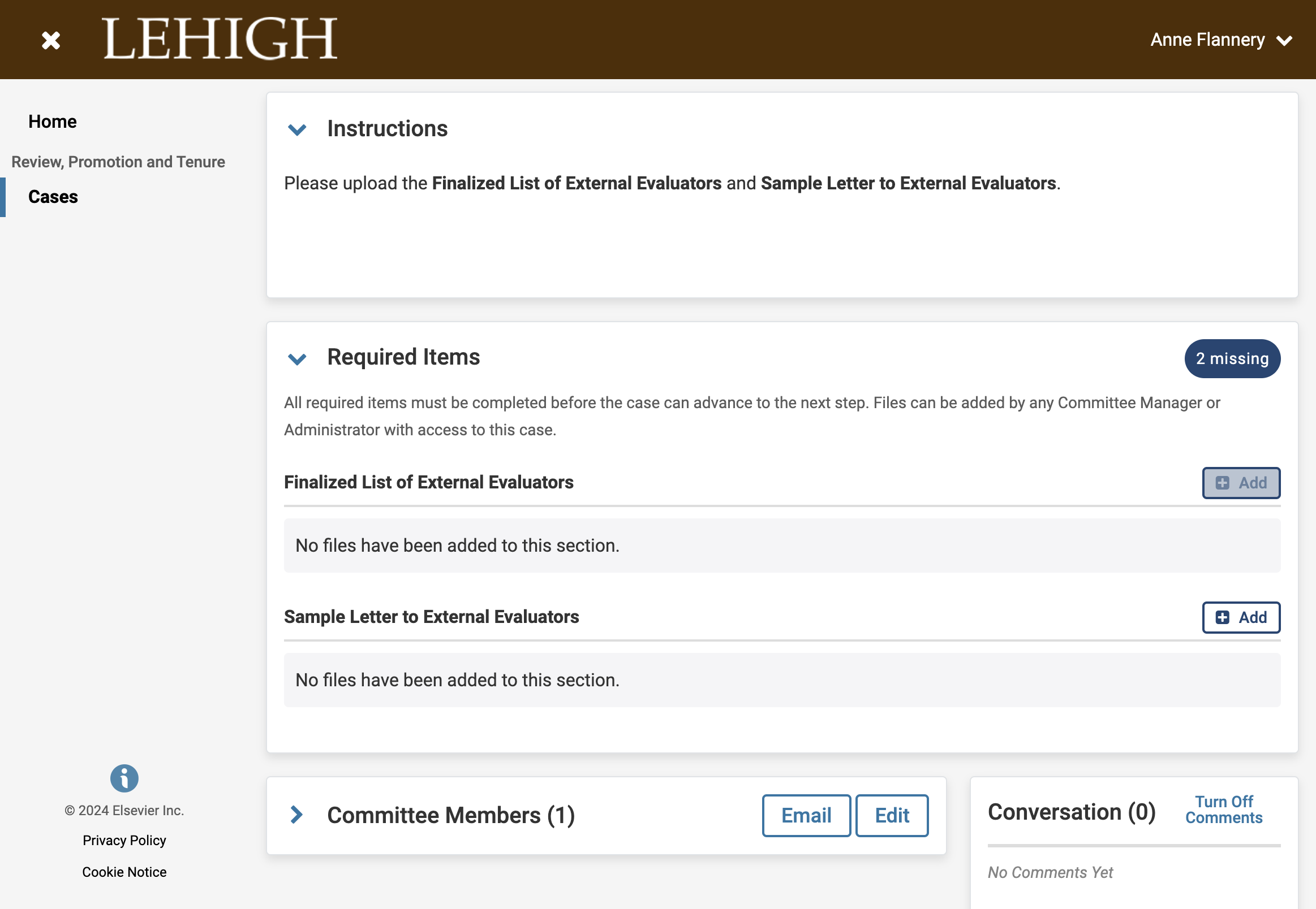Click Add next to Finalized List of External Evaluators